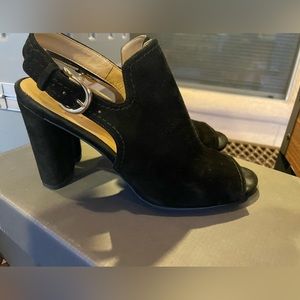 Naturalizer black suede sandals with adjustable heel strap and peep toe.